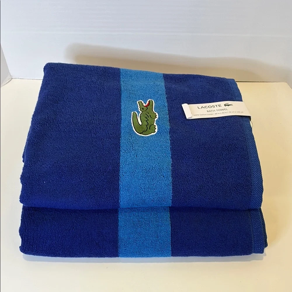 Lacoste Blue Striped Bath Towels/2 with Iconic Crocodile Logo
